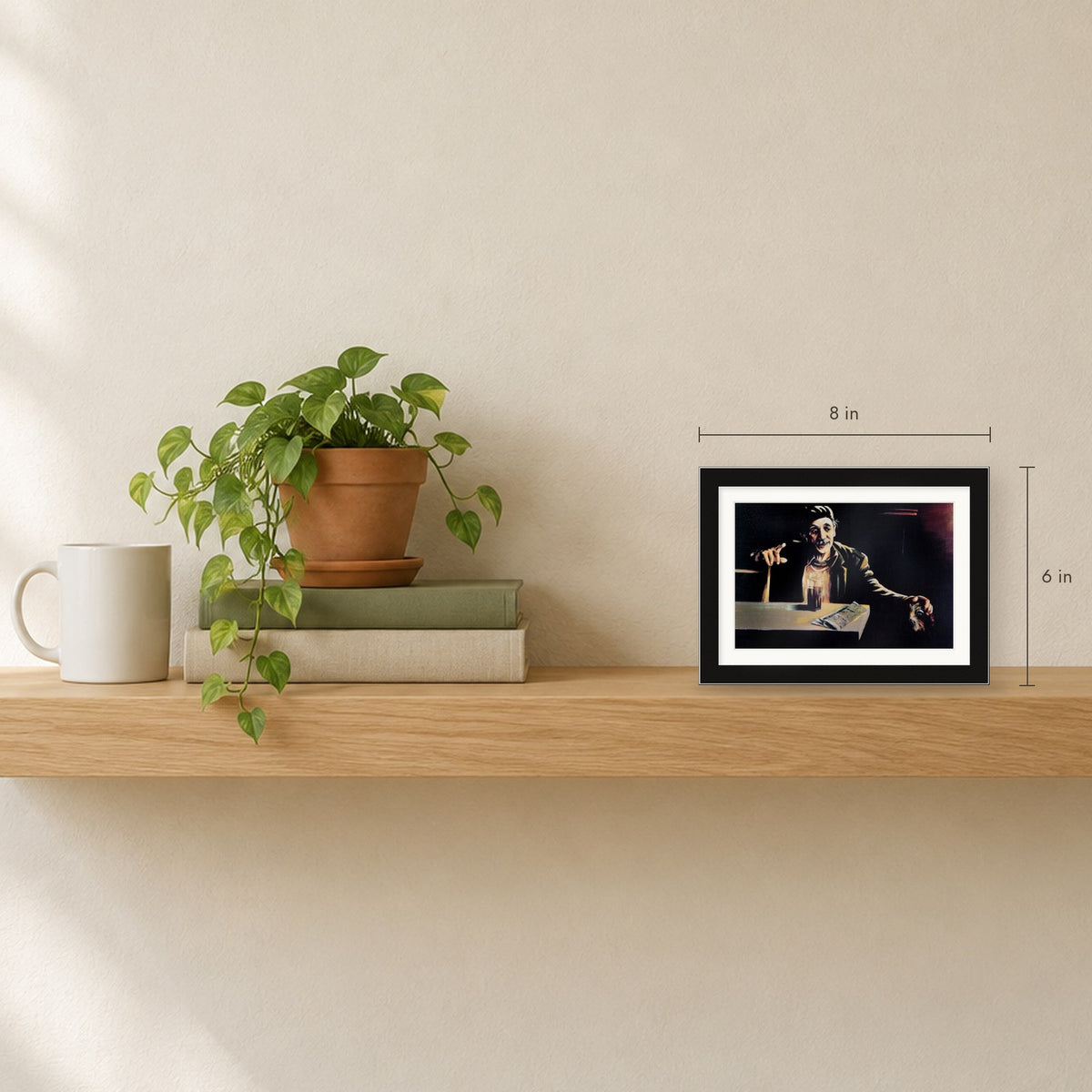 Shown to scale on a shelf