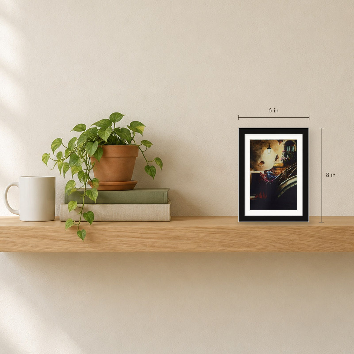 Shown to scale on a shelf
